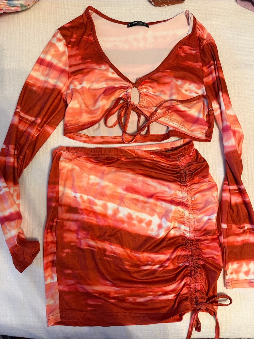 SHEIN Red and Pink Tie-Dye Ruched Skirt Set